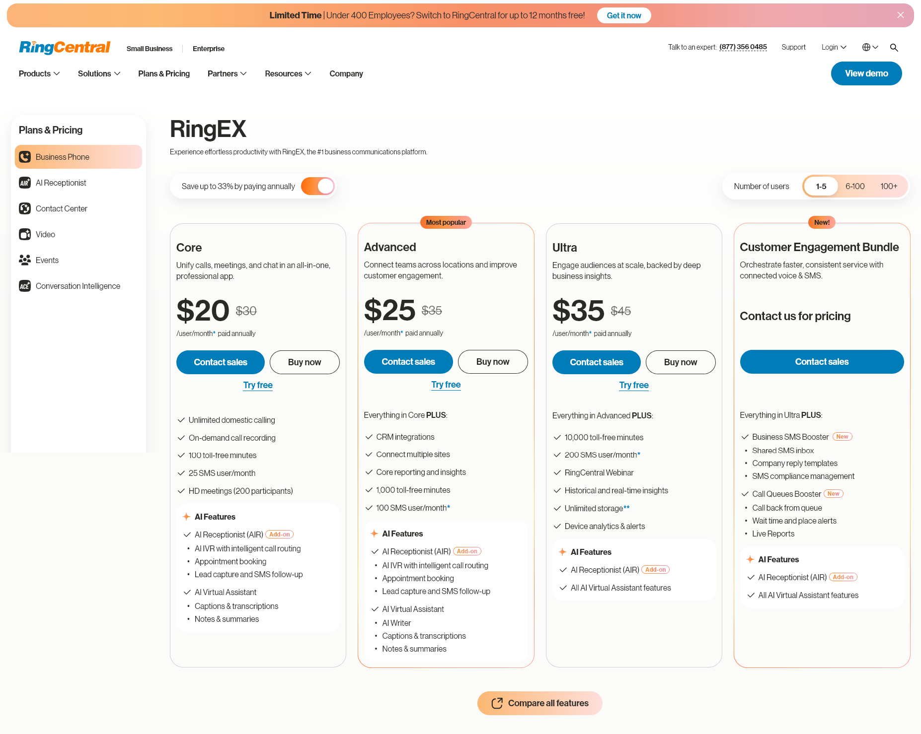 RingCentral pricing plans for business communication