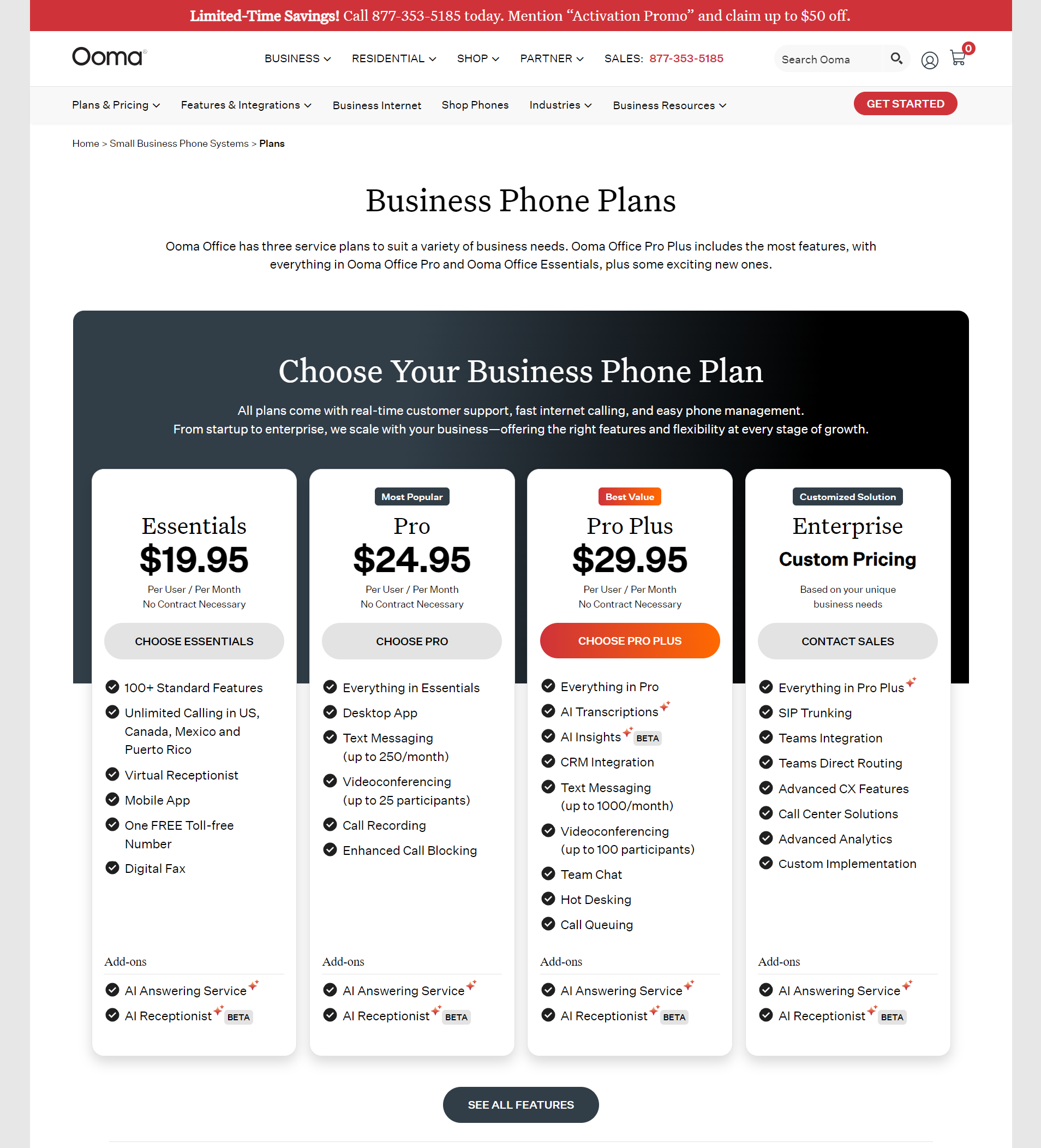 ooma business phone plans