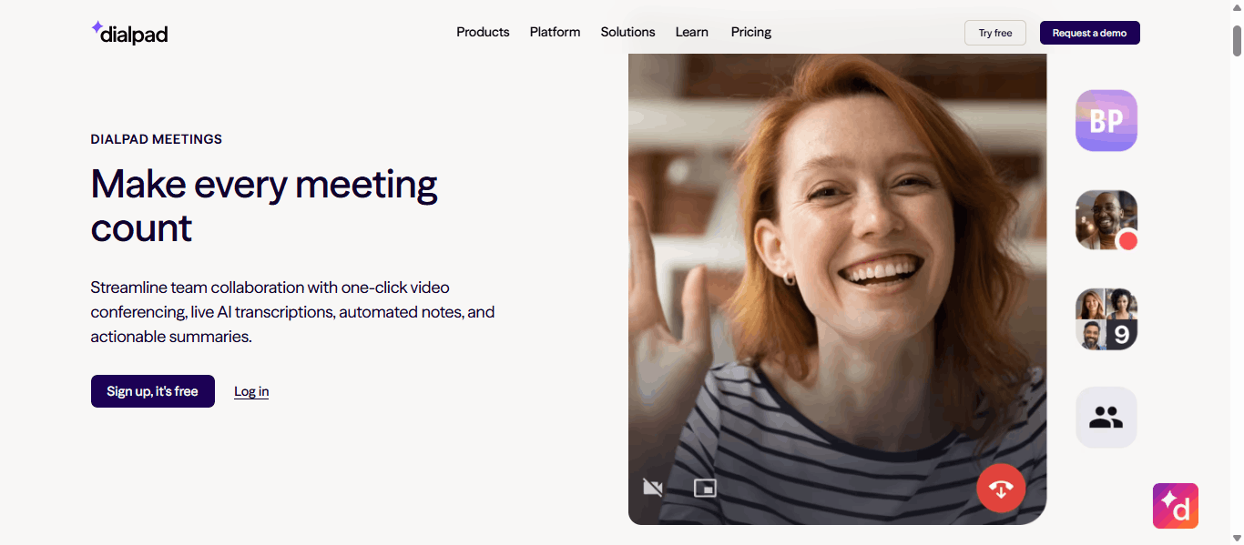 Dialpad Meetings homepage showing the 'Make every meeting count' hero with a live video call preview, participant avatars, and Sign up / Log in buttons.