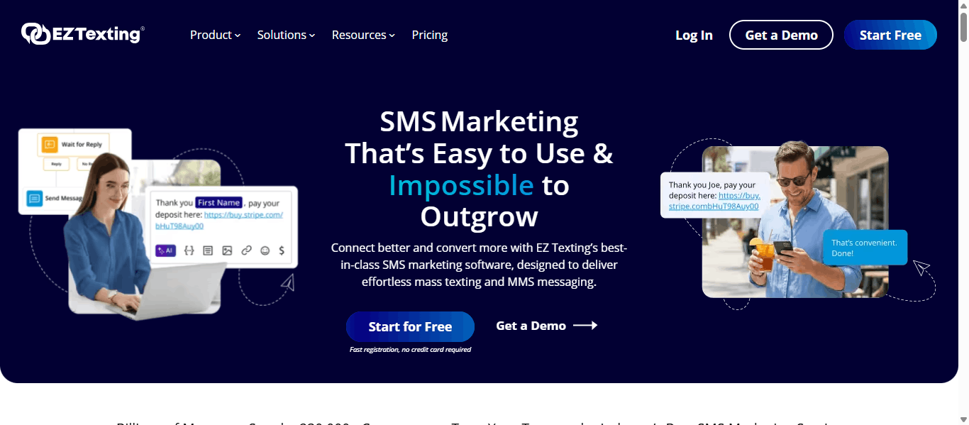 EZ Texting homepage showing the 'SMS Marketing That's Easy to Use & Impossible to Outgrow' hero with a live chat messaging mockup and payment link text.