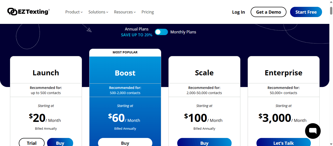 EZ Texting pricing page showing Launch at $20, Boost at $60, Scale at $100, and Enterprise at $3,000, billed annually.