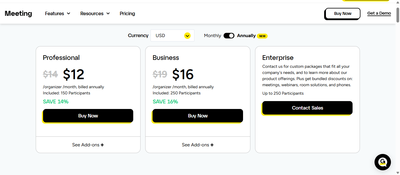 GoTo Meeting pricing page showing Professional at $12, Business at $16, and Enterprise custom pricing, billed annually.