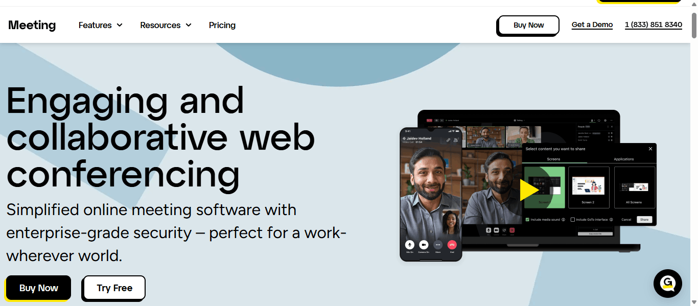 GoTo Meeting homepage showing the 'Engaging and collaborative web conferencing' hero with a live video call and screen-share selection panel.