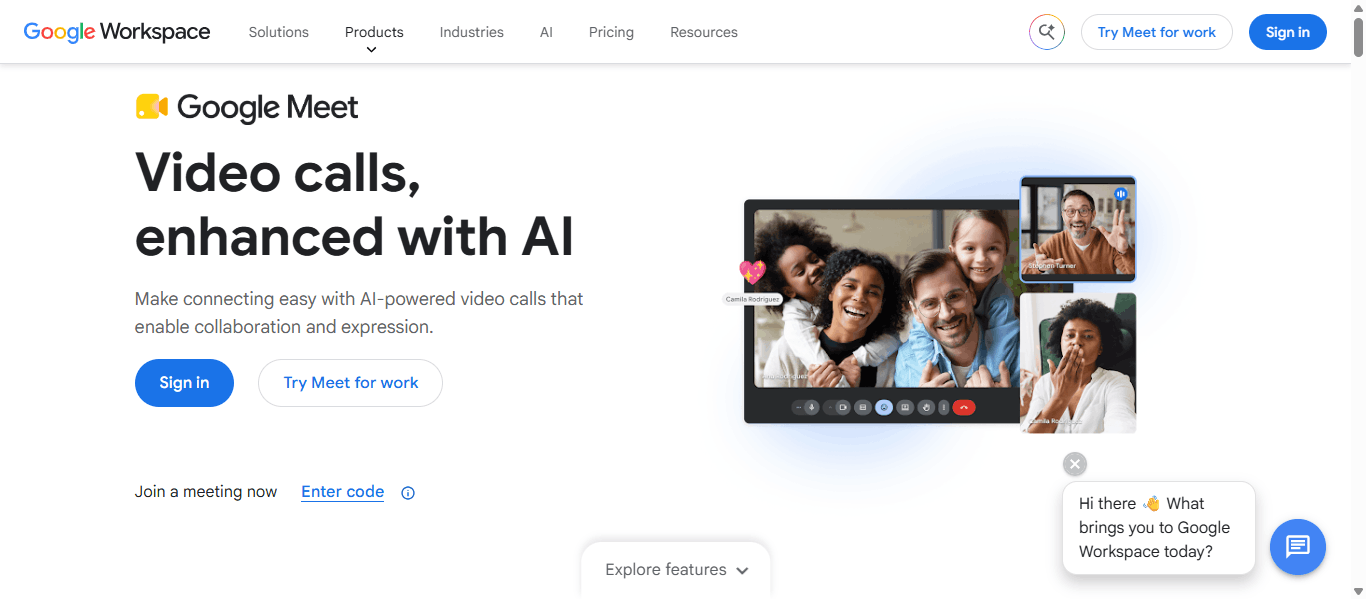 Google Meet homepage showing the 'Video calls, enhanced with AI' hero with a multi-participant video call grid and Sign in / Try Meet for work buttons.