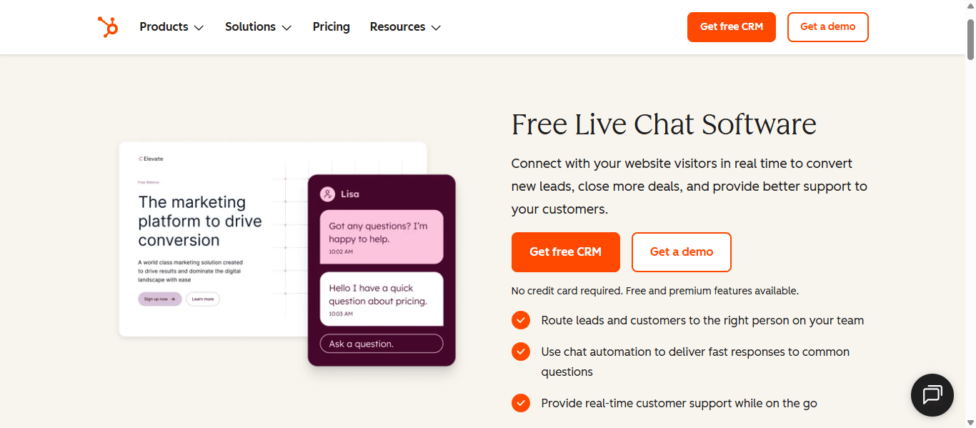 HubSpot Free Live Chat Software page showing a website chat widget conversation example alongside lead routing, chat automation, and real-time support features.