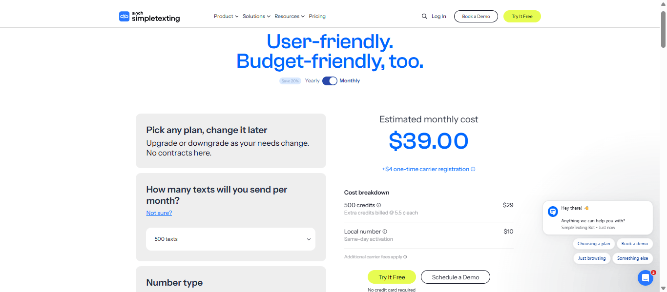 SimpleTexting pricing calculator showing a $39 monthly estimate for 500 text credits and a $10 local number, with monthly billing selected and a cost breakdown panel.