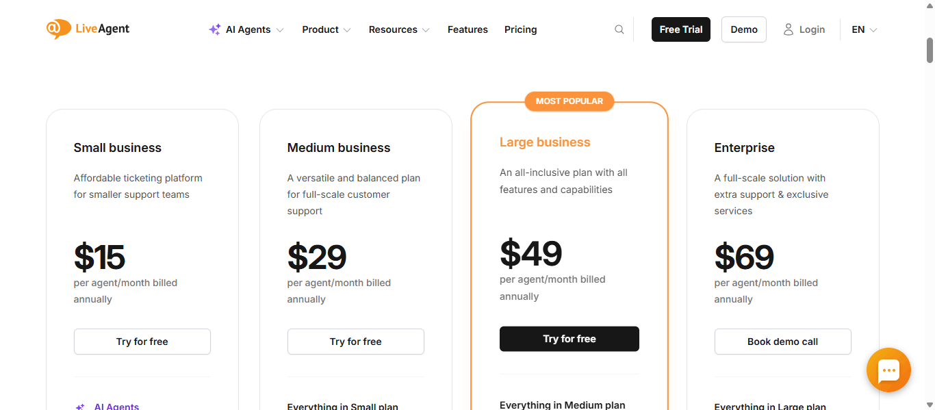 LiveAgent pricing page showing four tiers: Small business at $15/agent/month, Medium business at $29/agent/month, Large business (Most Popular) at $49/agent/month, and Enterprise at $69/agent/month, all billed annually.