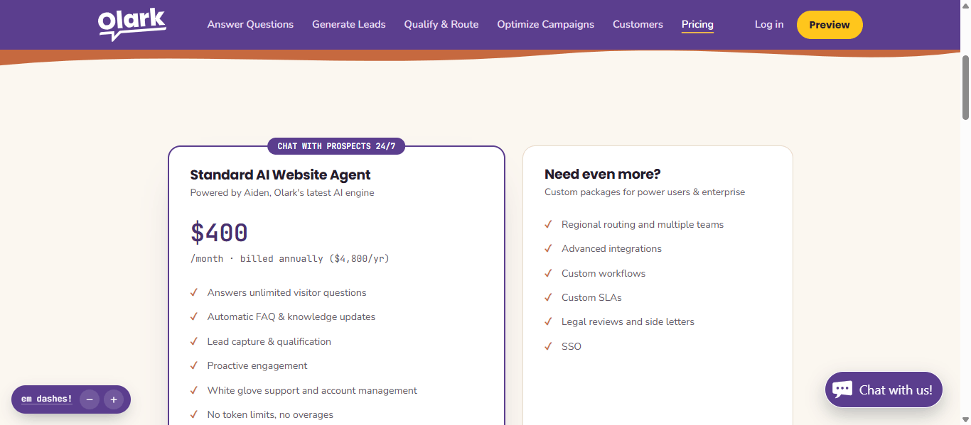 Olark pricing page showing the Standard AI Website Agent plan at $400 per month billed annually, next to a custom enterprise package.