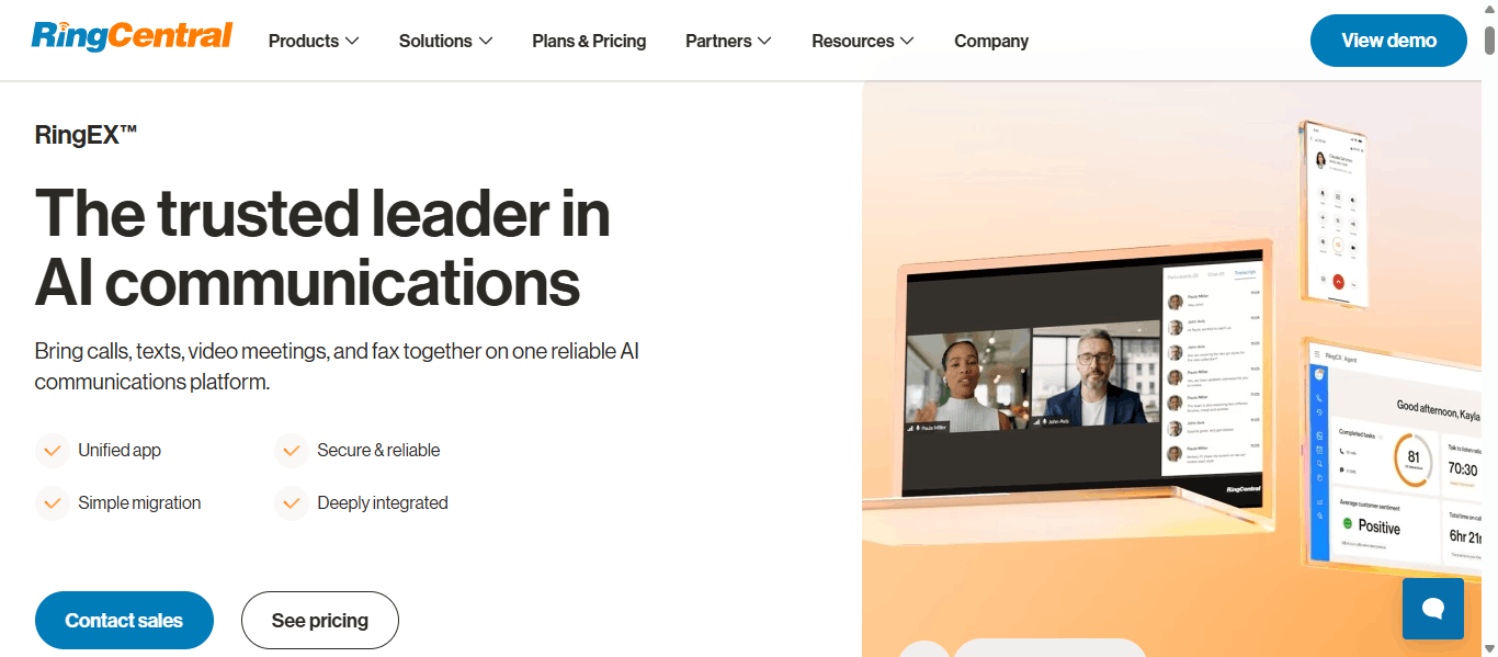 RingCentral RingEX homepage hero showing the trusted leader in AI communications headline with Contact sales and See pricing buttons, plus mockups of a desktop video meeting, mobile dialer, and RingCX agent dashboard.