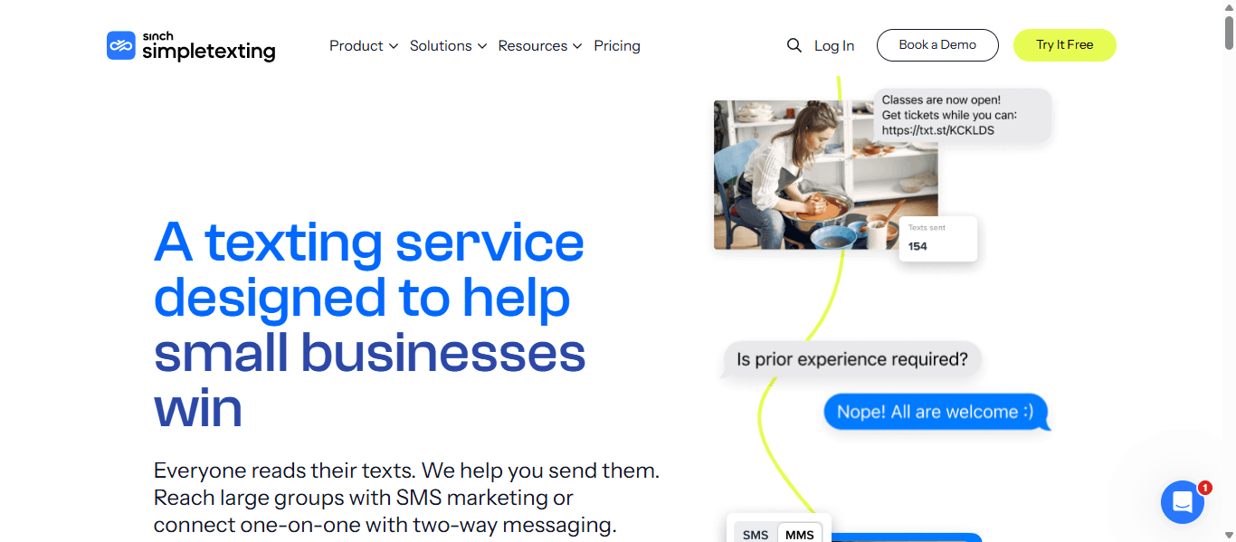 SimpleTexting homepage hero showing the headline A texting service designed to help small businesses win, with mockups of an SMS marketing broadcast, a texts-sent counter, and a two-way customer chat reply.