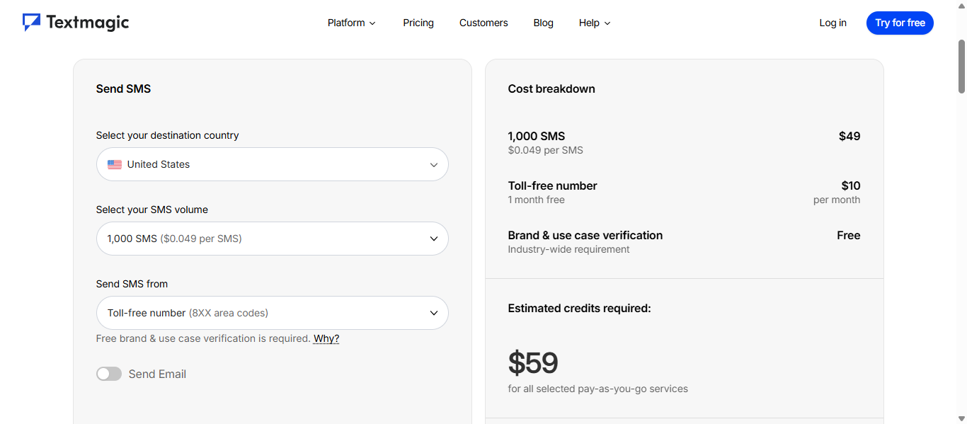 TextMagic flexible pricing calculator showing a $59 total for 1,000 SMS at $0.049 each plus a $10 toll-free number, with United States selected and a cost breakdown panel.