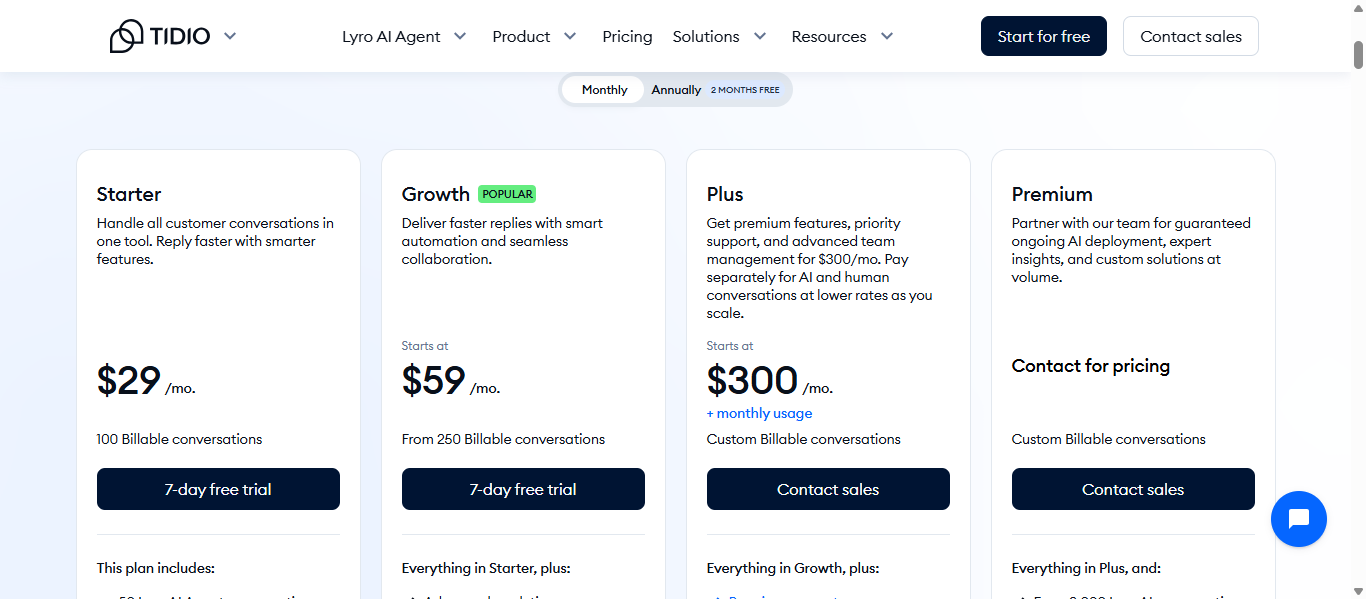 Tidio pricing page showing Starter at $29/mo, Growth at $59/mo marked Popular, Plus starting at $300/mo plus usage, and Premium at custom pricing, with a monthly and annual billing toggle.