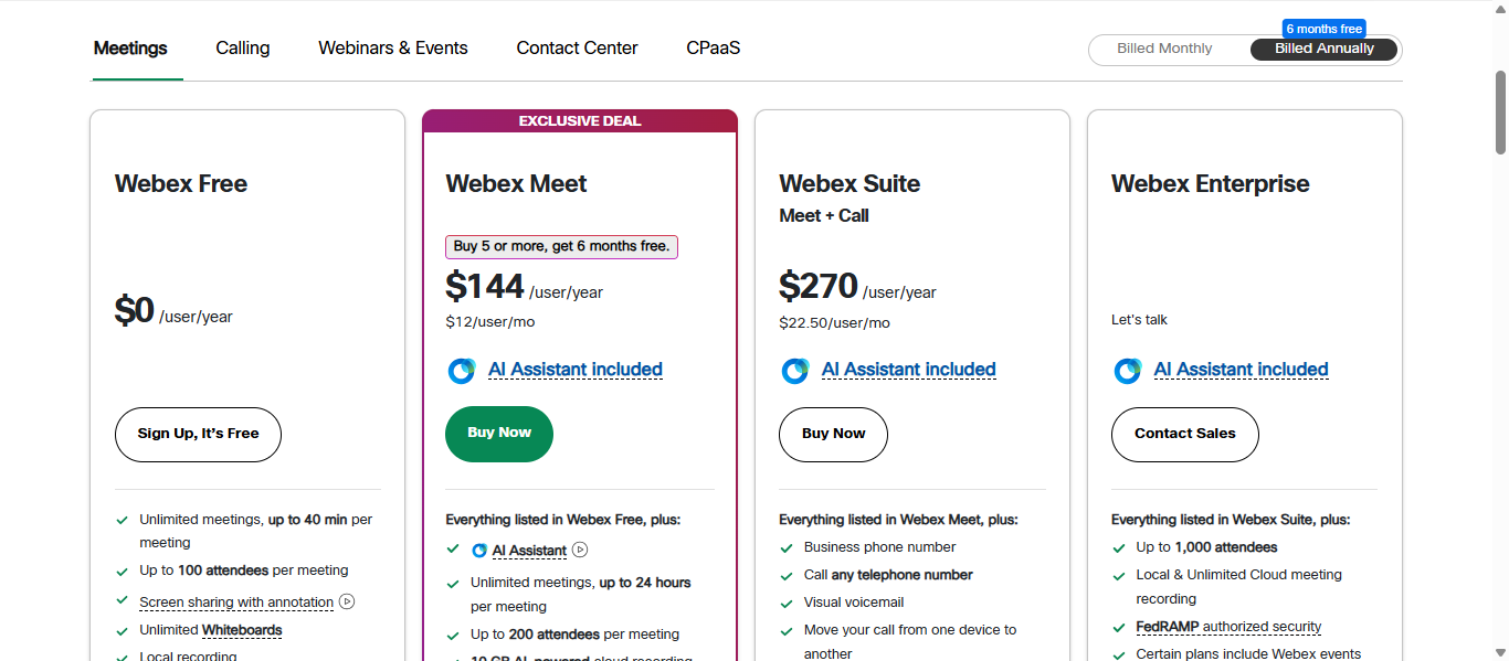 Webex Meetings pricing page comparing Free, Meet, Suite, and Enterprise plans with annual per-user pricing and feature checklists.