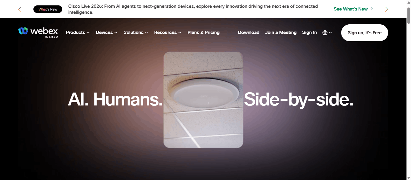 Webex by Cisco homepage showing the 'AI. Humans. Side-by-side.' hero with navigation for Products, Devices, Solutions, and Plans & Pricing.