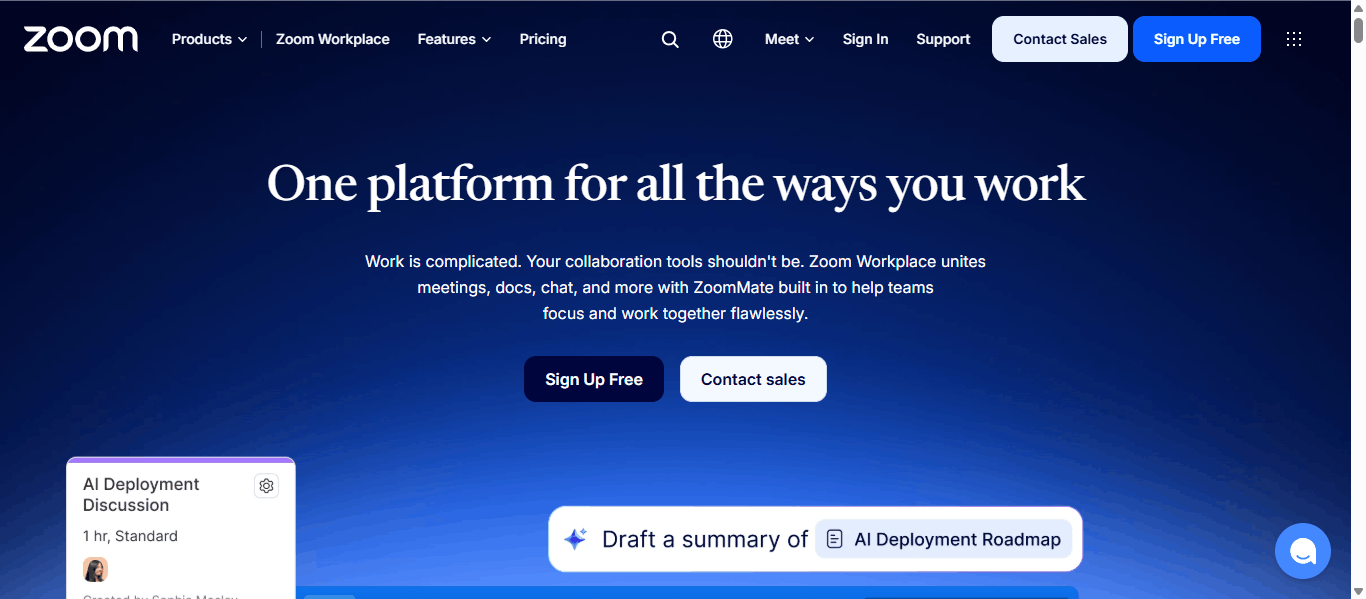 Zoom Workplace homepage showing the unified workplace hero with meeting, team chat, phone, and AI Companion messaging plus Sign Up Free and Contact Sales buttons.