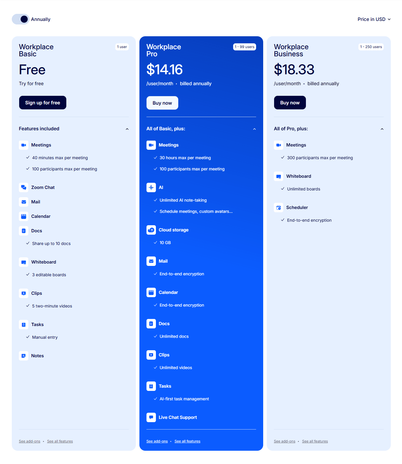Zoom Workplace pricing page showing Basic Free, Pro, Business, Business Plus, and Enterprise tiers with annual per-user rates and AI Companion included on paid plans.