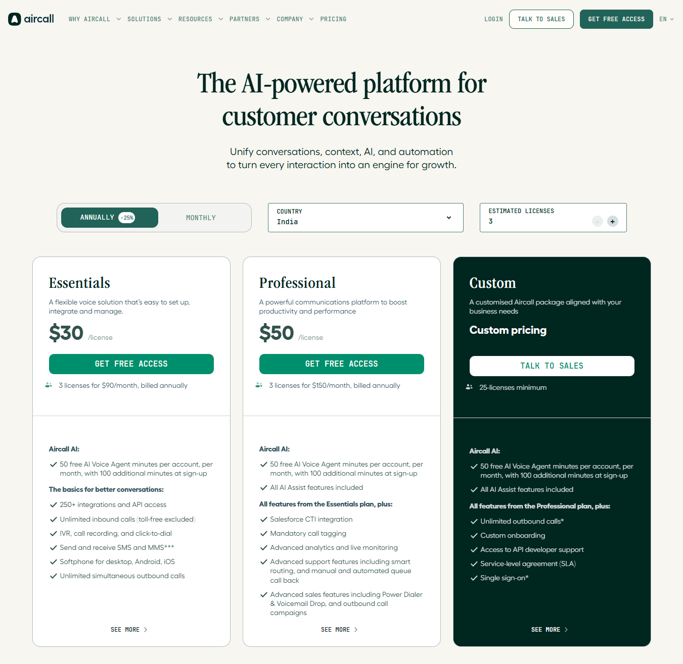 Aircall pricing page