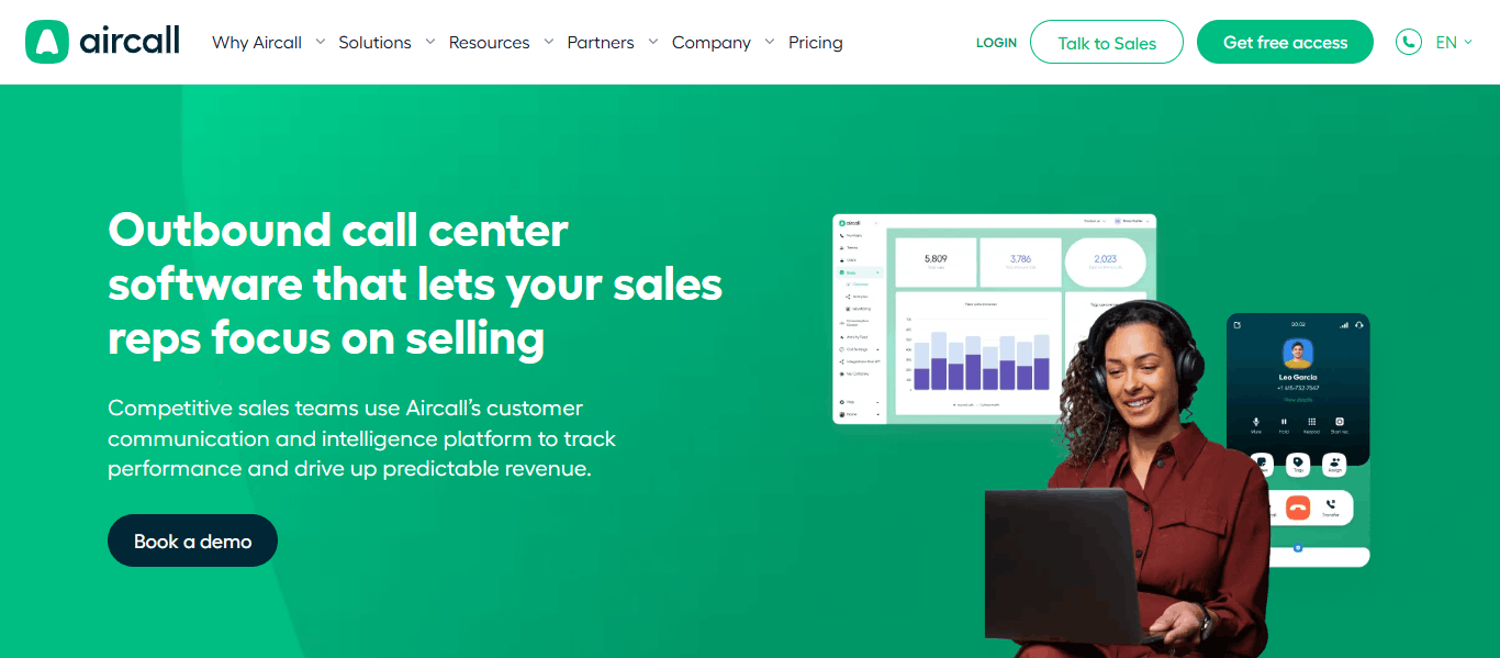 Aircall outbound sales dialer dashboard showing call analytics and an agent on a call.