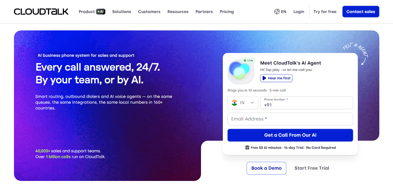 CloudTalk homepage showing an AI-powered business phone system with an AI agent call form and free trial option.