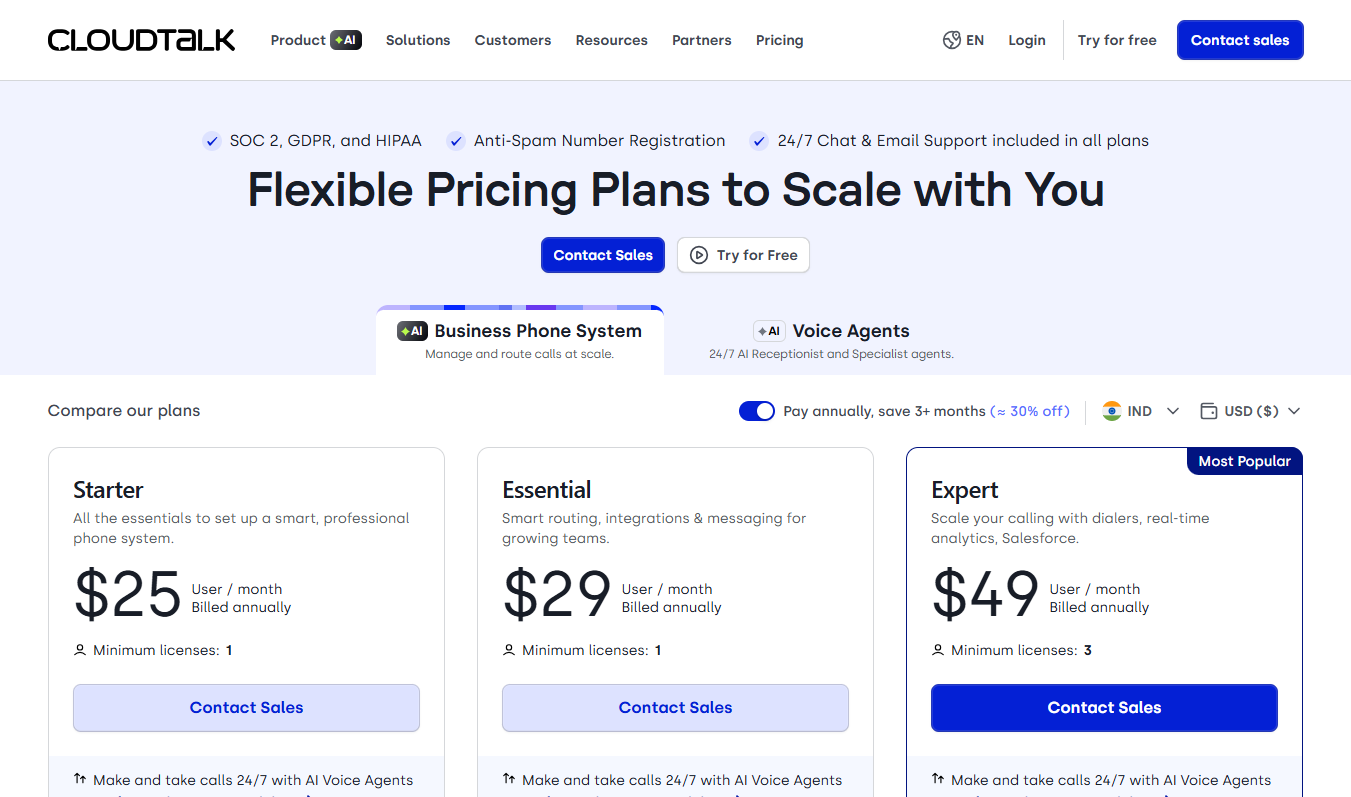 CloudTalk pricing page with three business phone plans and annual billing option.