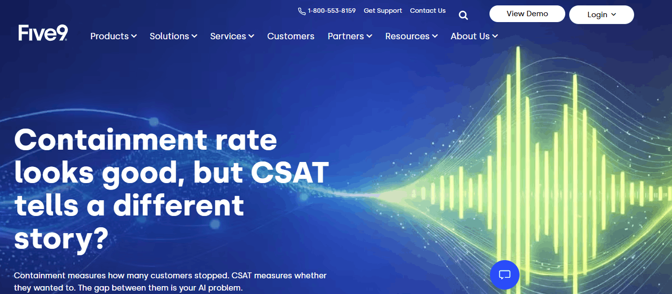 Five9 homepage hero banner on containment rate versus CSAT