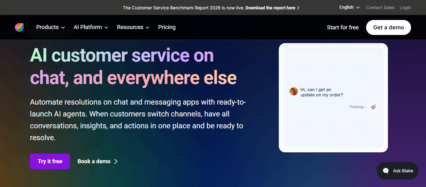 Freshworks homepage showing the AI customer service on chat hero banner with Try it free and Book a demo calls to action.