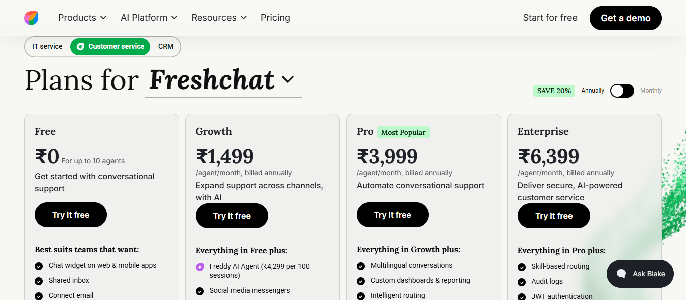 Freshchat pricing page showing Free, Growth, Pro, and Enterprise plans with annual billing and per-agent rates.