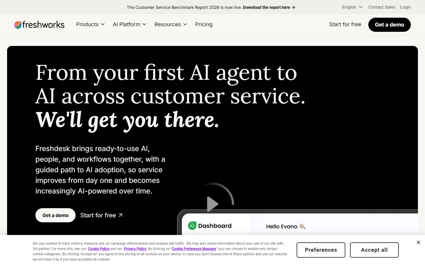 Freshdesk homepage showing its AI-powered customer service platform with ready-to-use AI agents and workflow automation