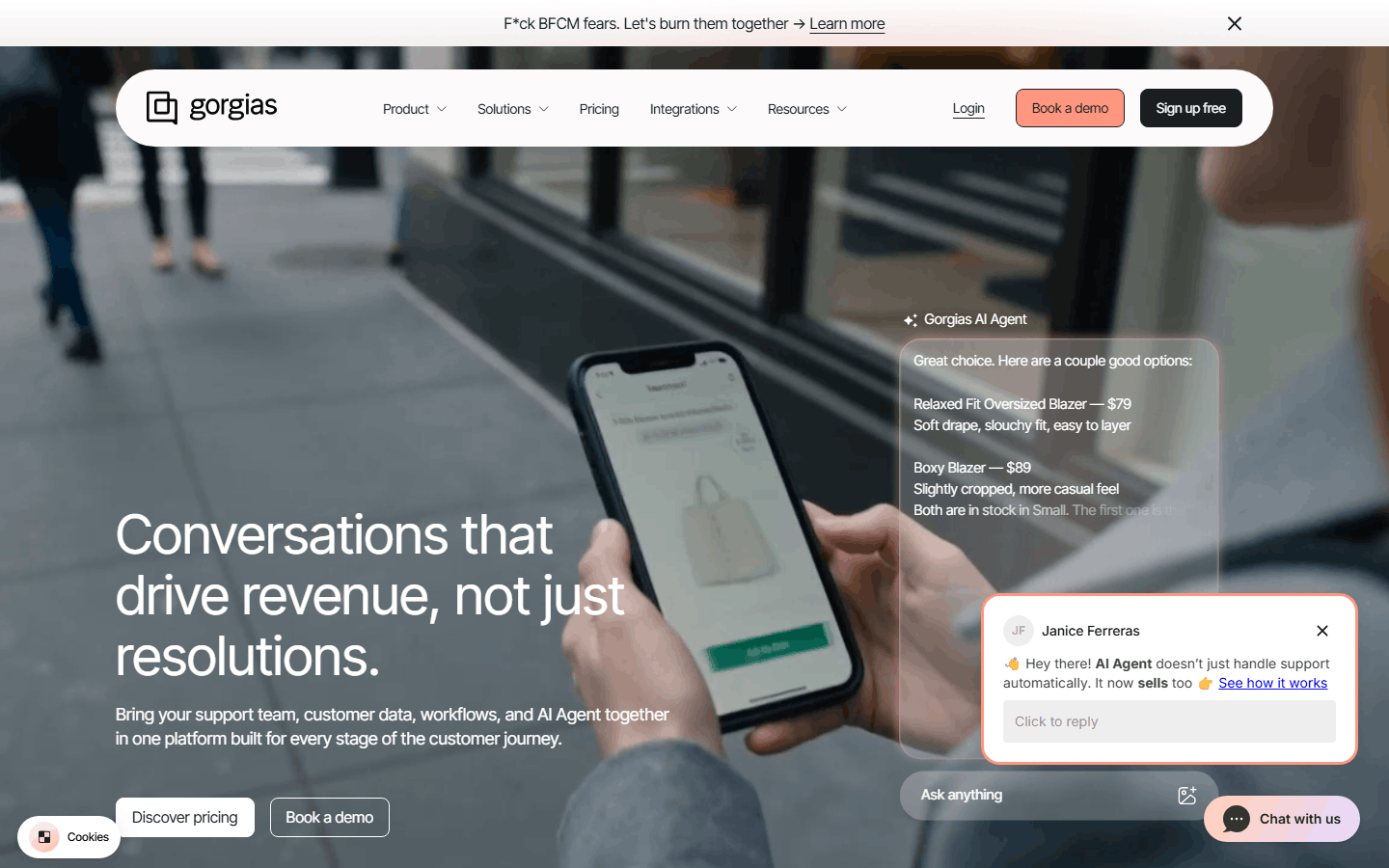 Gorgias homepage featuring its AI Agent-powered ecommerce customer support built to drive revenue