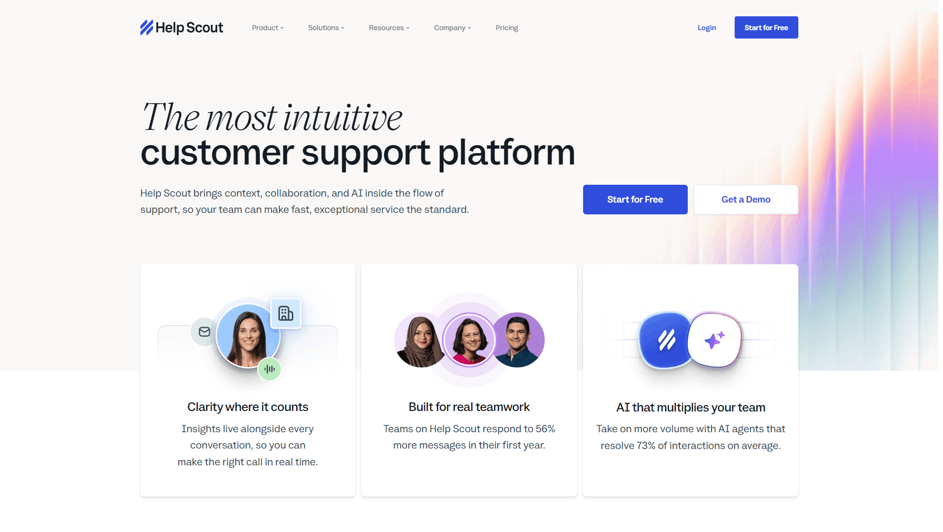Help Scout homepage showcasing its customer service platform and shared inbox.