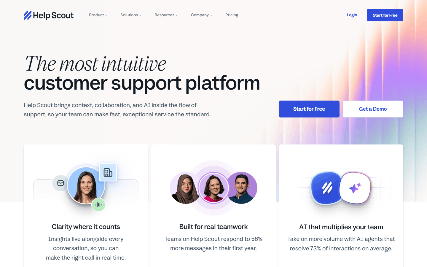 Help Scout homepage showing its intuitive customer support platform with collaboration and AI features