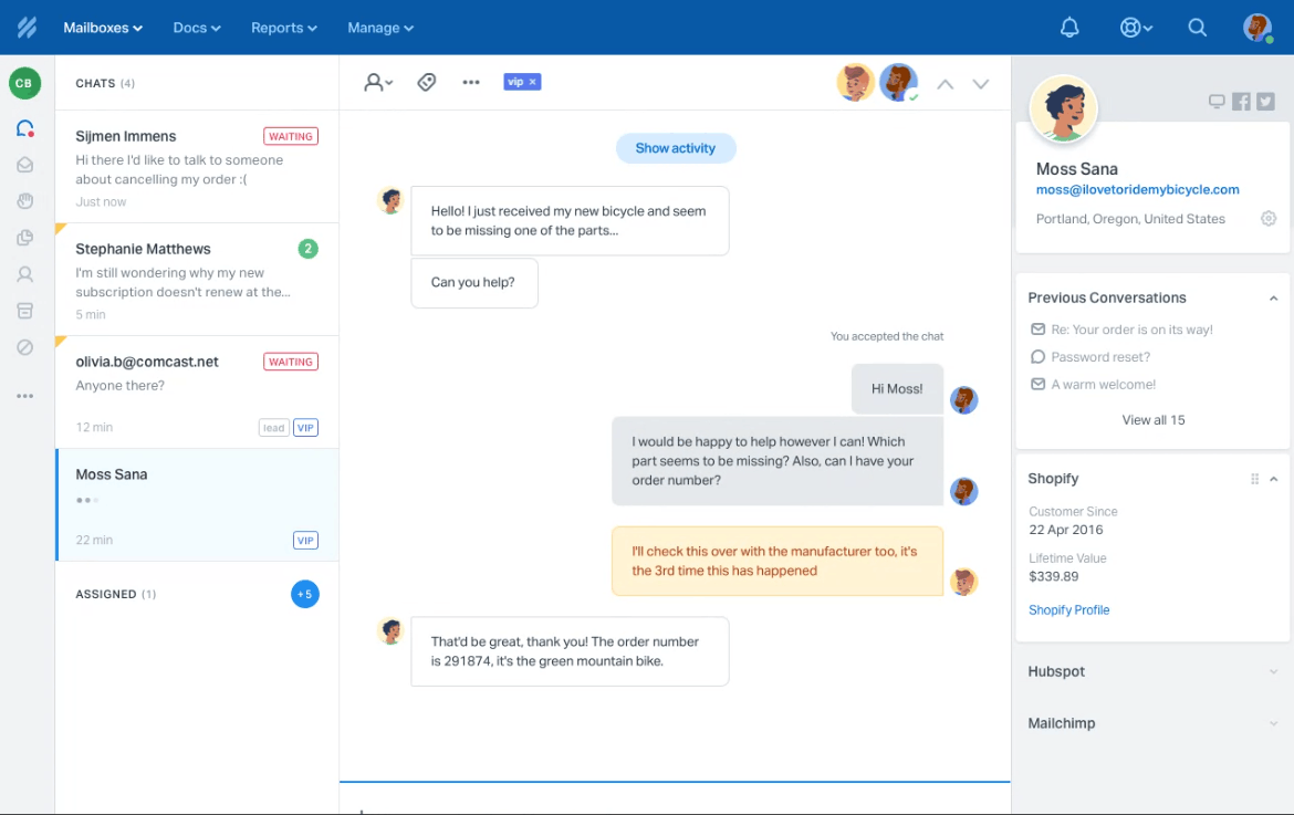 Help Scout shared inbox showing customer conversations, assignment, tagging, and agent workflow.