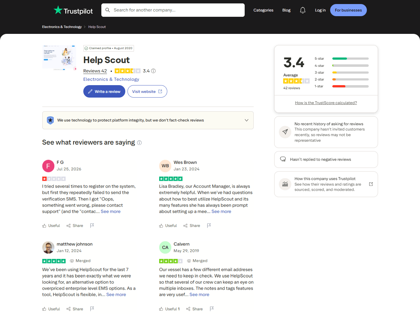 Help Scout Trustpilot reviews showing customer ratings and user feedback.