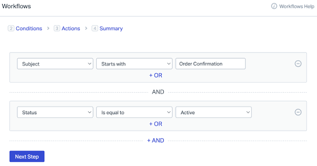 Help Scout workflow builder showing automation triggers, conditions, and actions.