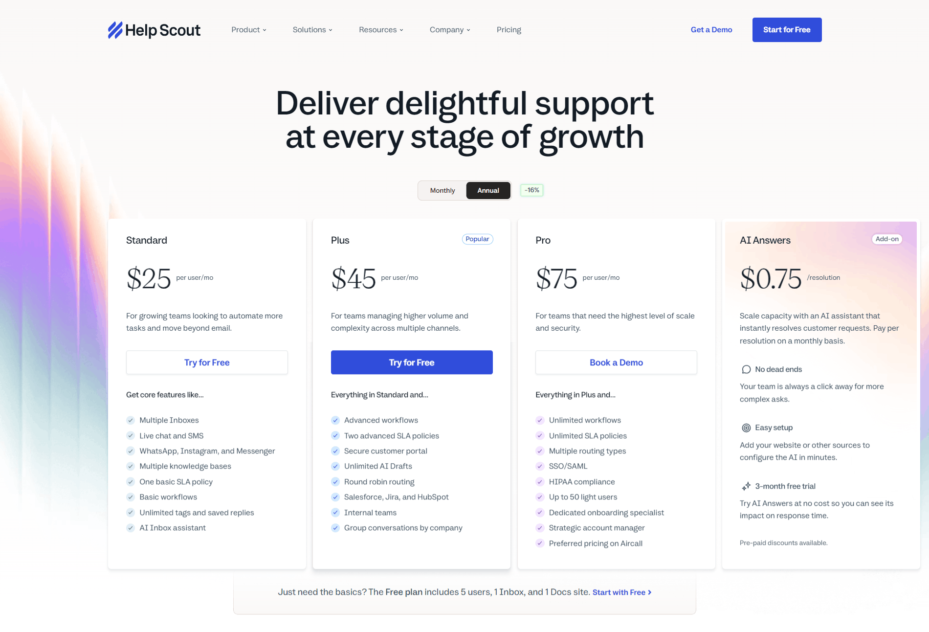Help Scout pricing page showing its plans and pricing options.