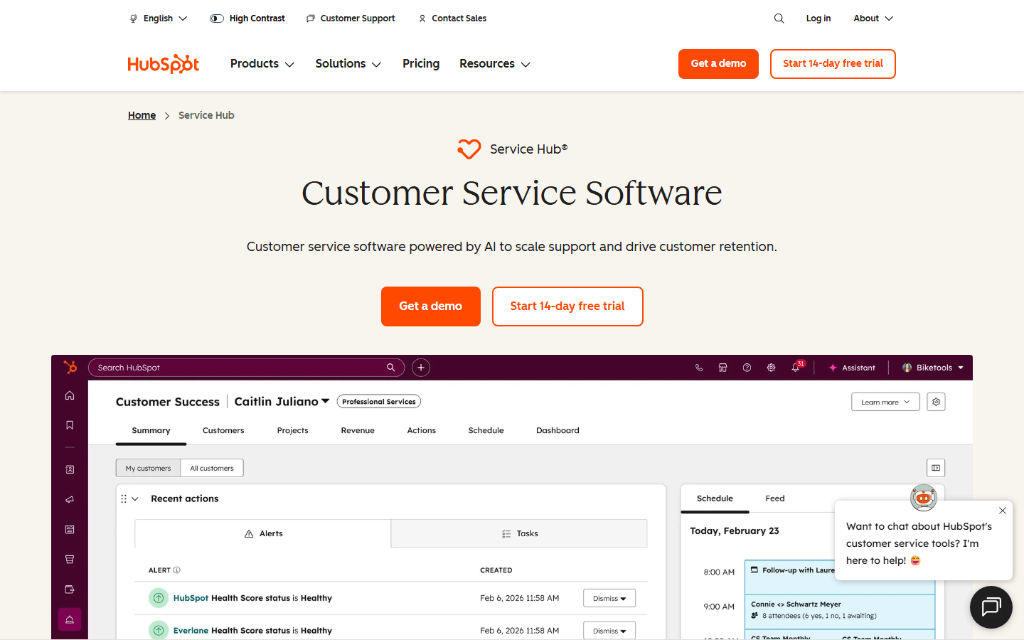 HubSpot Service Hub homepage displaying AI-powered customer service software with a CRM-integrated support dashboard