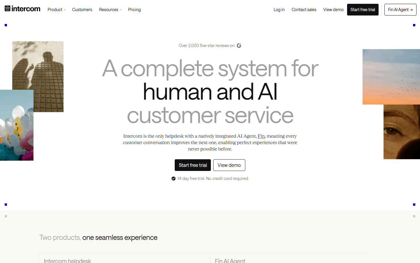 Intercom homepage showcasing its unified human and AI customer service system with the Fin AI Agent