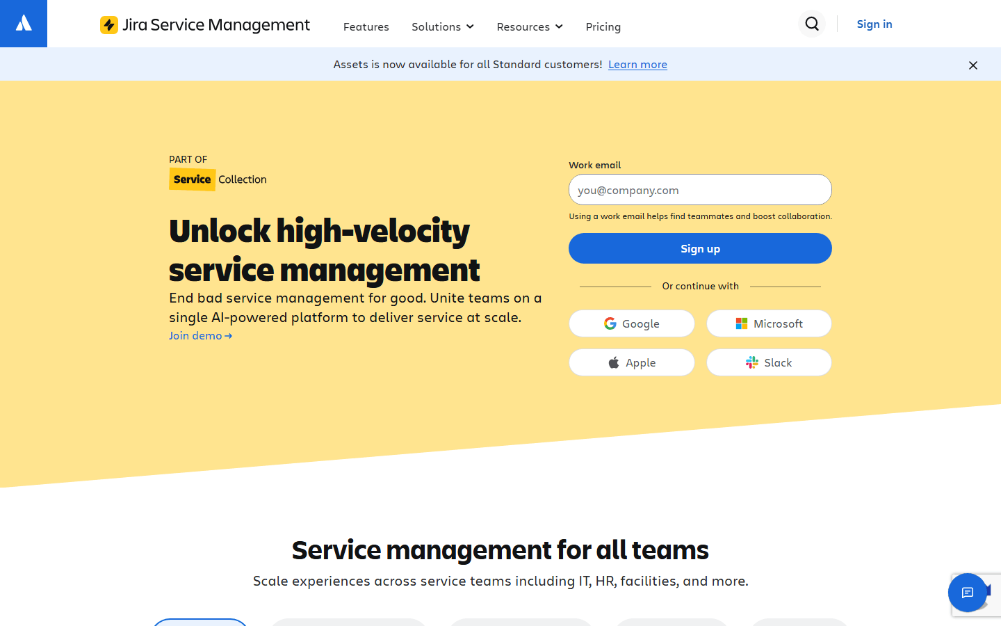 Jira Service Management homepage promoting its AI-powered platform for high-velocity IT and business service management