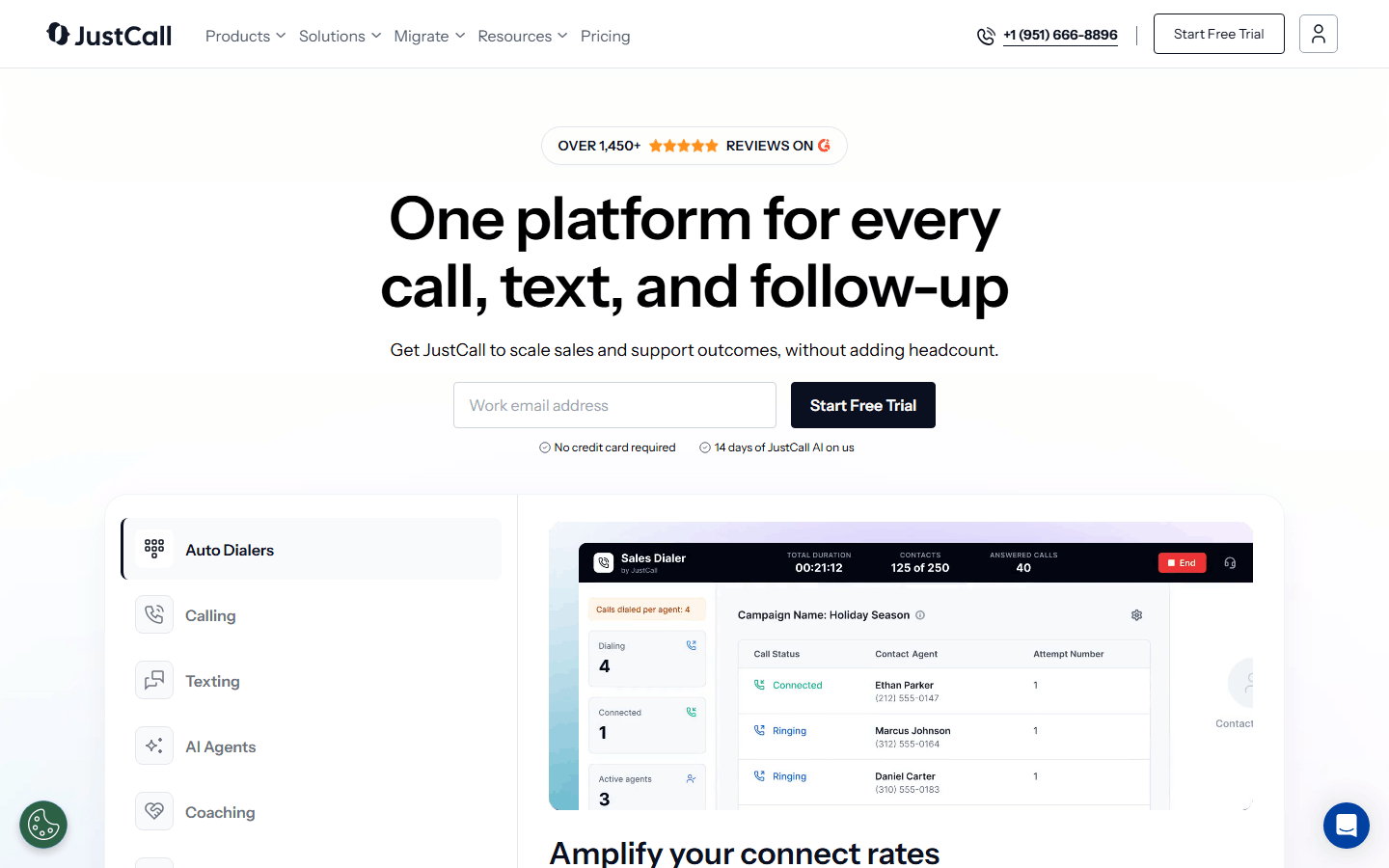 JustCall homepage showing the AI Communication Suite hero with a Sales Dialer campaign dashboard for calls, texts, and follow-ups.
