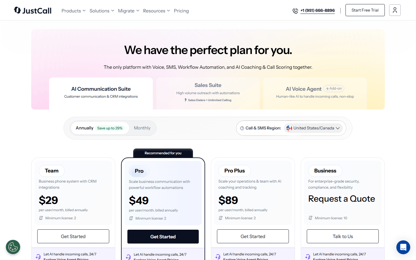 JustCall pricing page showing Team, Pro, Pro Plus, and Business plans with annual billing and a 2-seat minimum license.