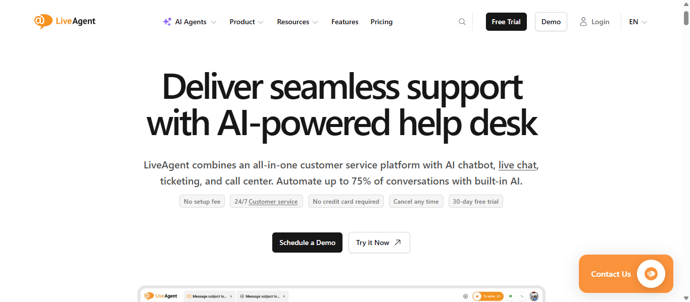 LiveAgent homepage headline reading "Deliver seamless support with AI-powered help desk" with Schedule a Demo and Try it Now buttons.