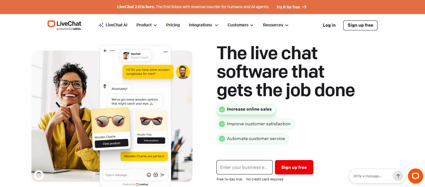 LiveChat homepage showing "The live chat software that gets the job done" hero with a live chat widget product-recommendation mockup and a free trial signup form.