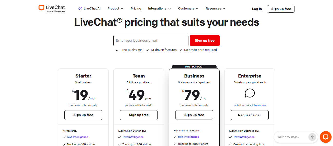 LiveChat pricing page showing Starter, Team, Business, and Enterprise plans with monthly per-person billing and a Most Popular badge on Business.