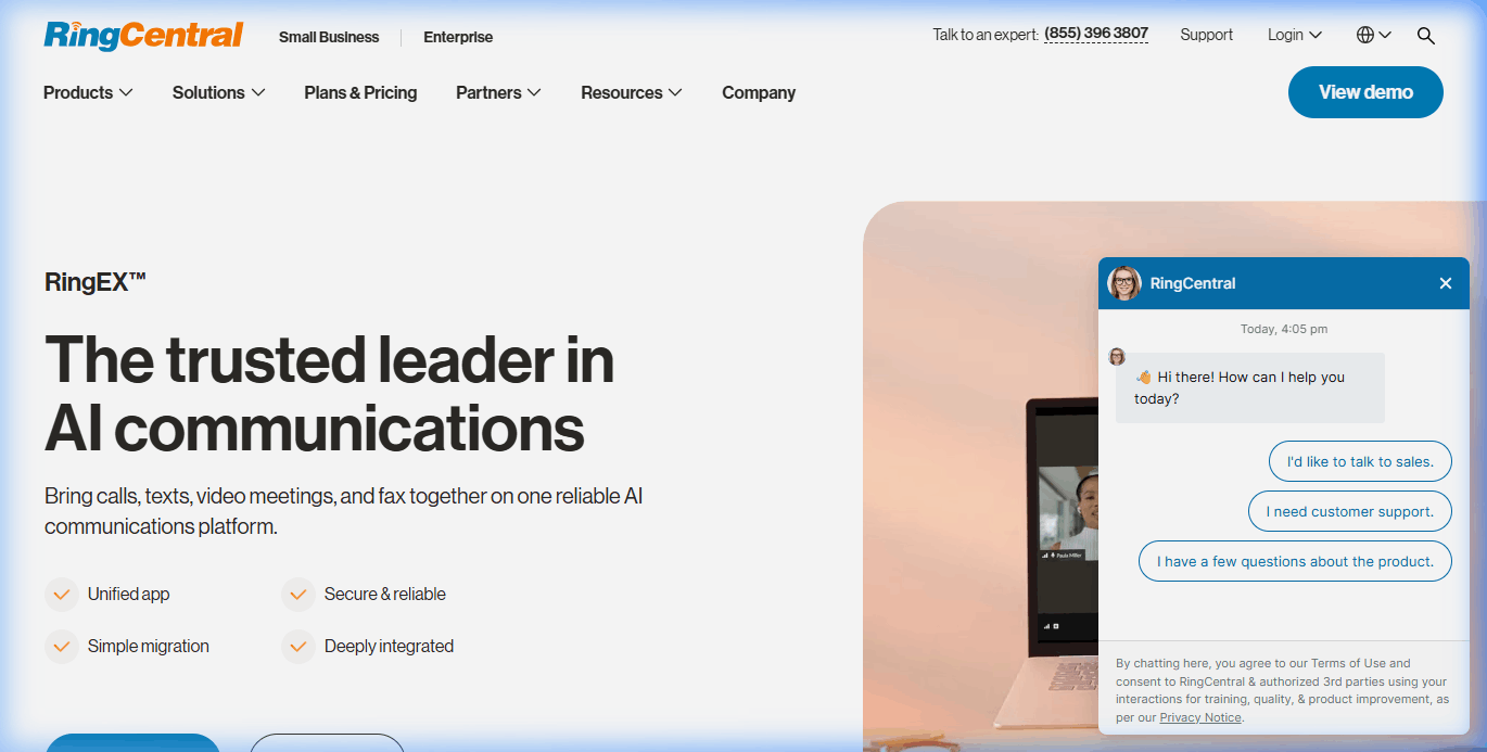 RingCentral RingEX homepage