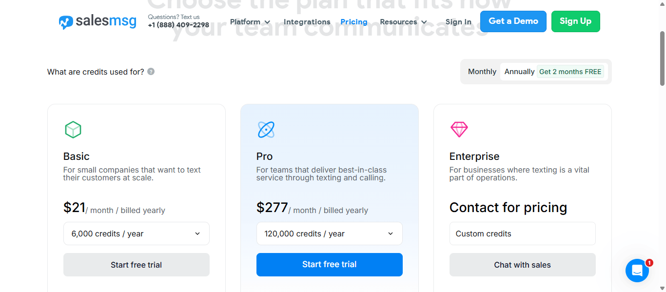 Salesmsg pricing page showing Basic, Pro, and Enterprise plans at $21, $277, and custom pricing per month with annual billing, yearly credit bundles, and free-trial CTAs.