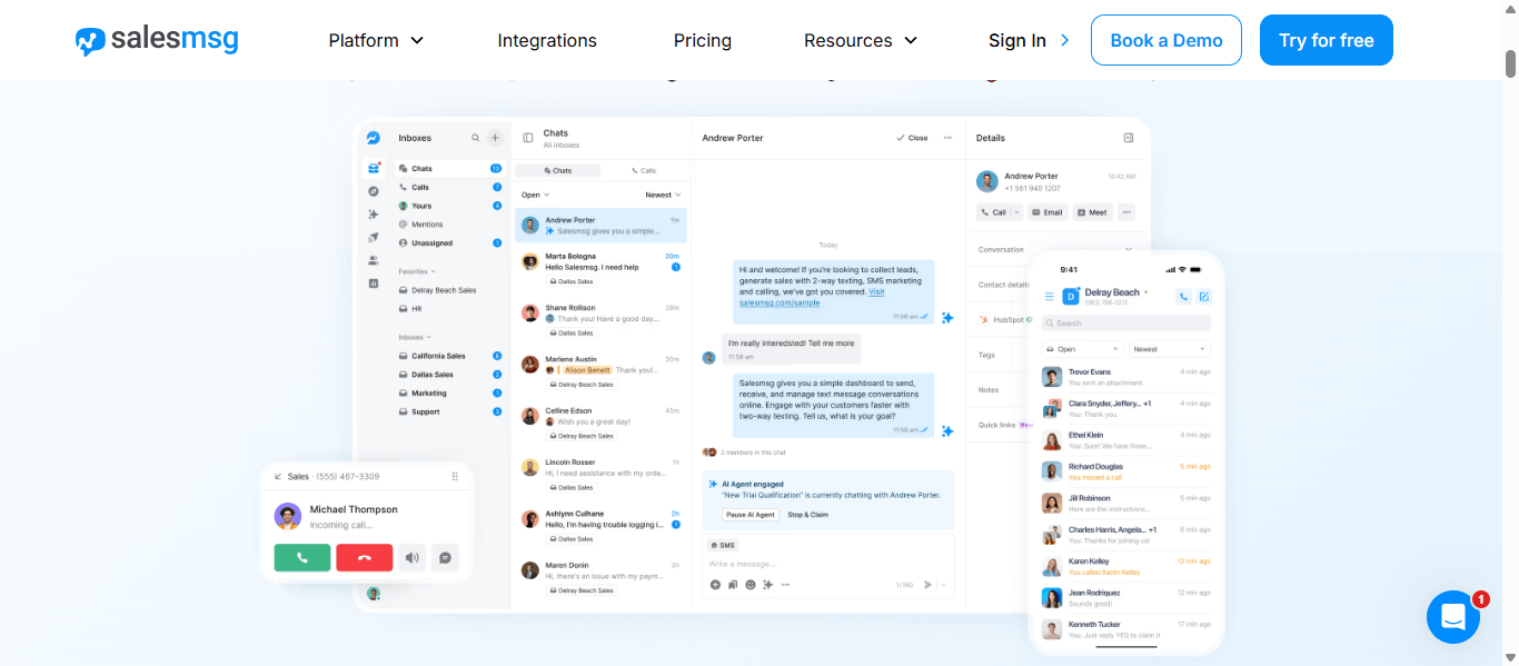 Salesmsg dashboard showing a shared team inbox with SMS chat threads, an AI Agent engaged banner, HubSpot contact details, a mobile app view, and an incoming call notification.