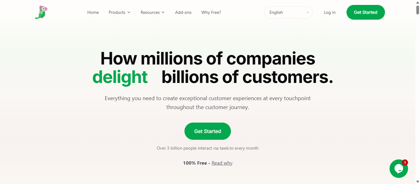 Tawk.to homepage hero showing the headline How millions of companies delight billions of customers with delight highlighted in green, a Get Started button, and 100% Free messaging below.