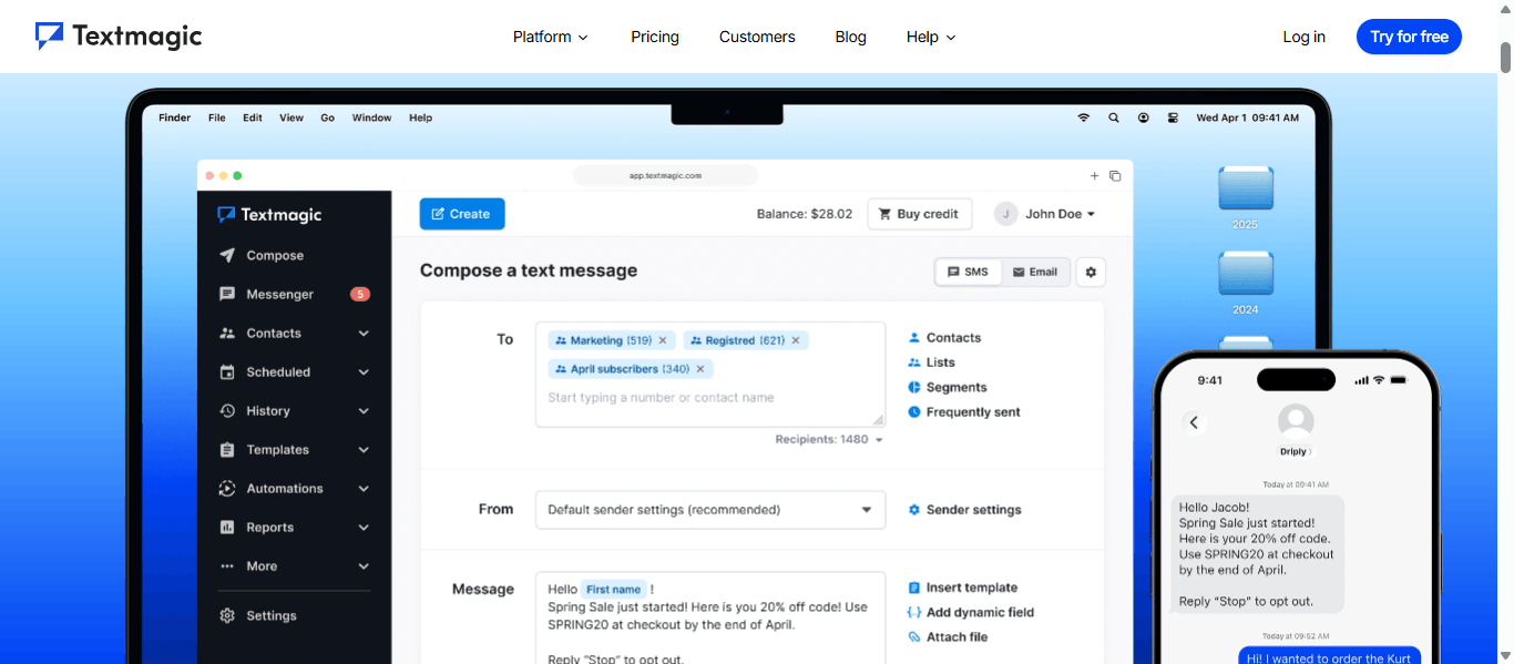 TextMagic homepage showing a laptop Compose a text message dashboard with contact segments and a personalized Spring Sale SMS draft, alongside a mobile phone displaying the recipient message thread.