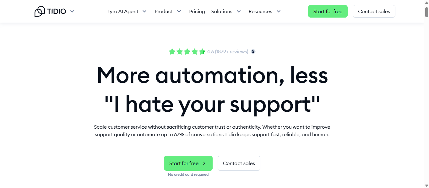 Tidio homepage showing the "More automation, less 'I hate your support'" hero headline with a 4.6-star rating from 1,879+ reviews and Start for Free and Contact Sales buttons.