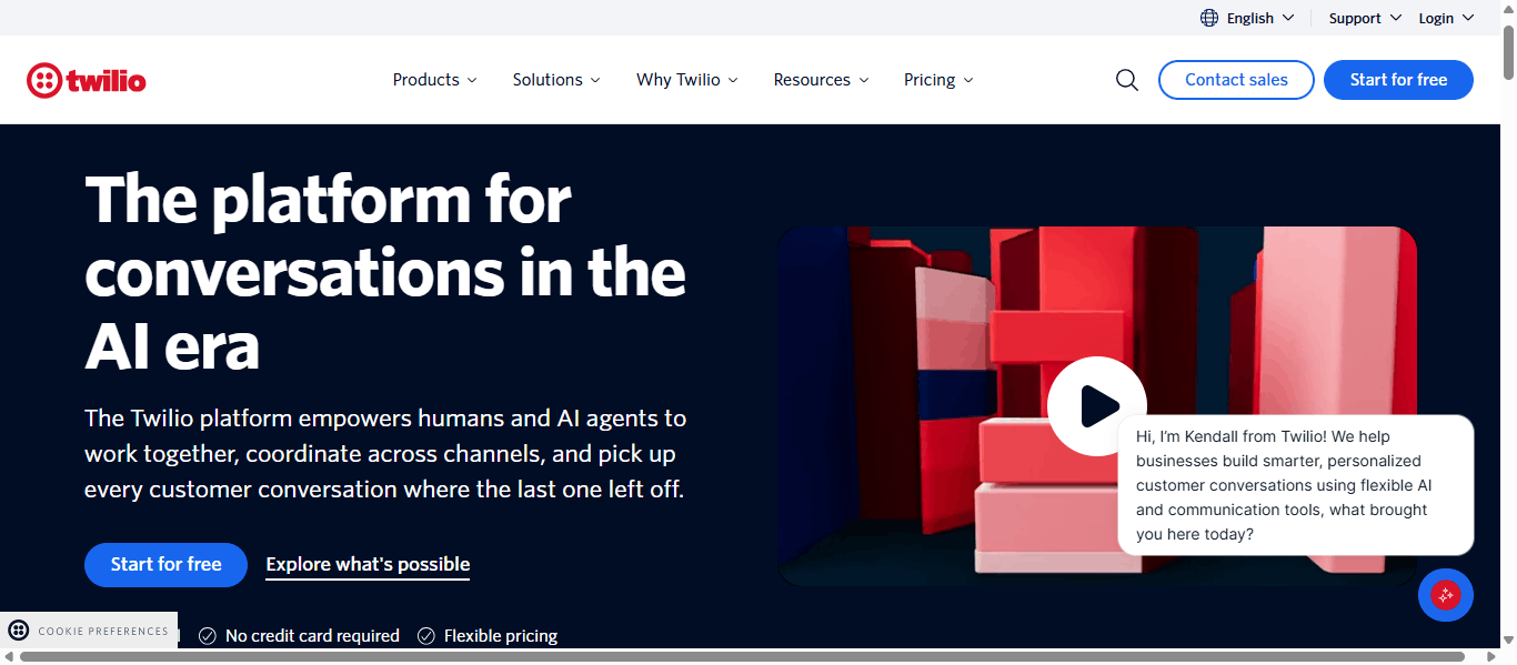 Twilio homepage showing the communications platform hero with SMS, voice, email, and WhatsApp API messaging plus Start for free and Contact sales buttons.